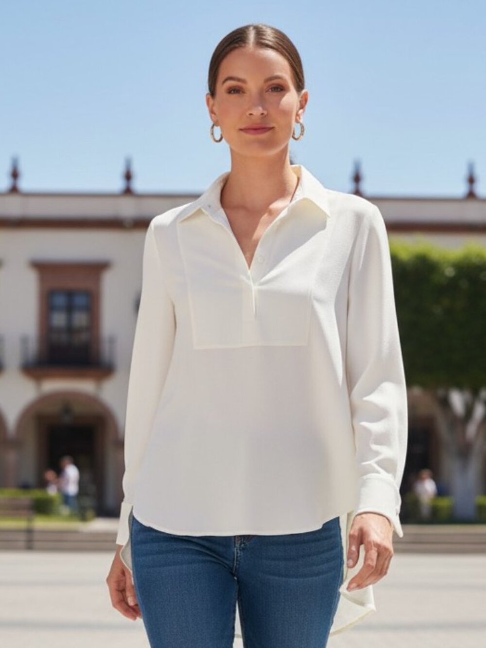 Tuckernuck Carrie Blouse Cream M NWT Spread Collar High Low Hem Button Cuff